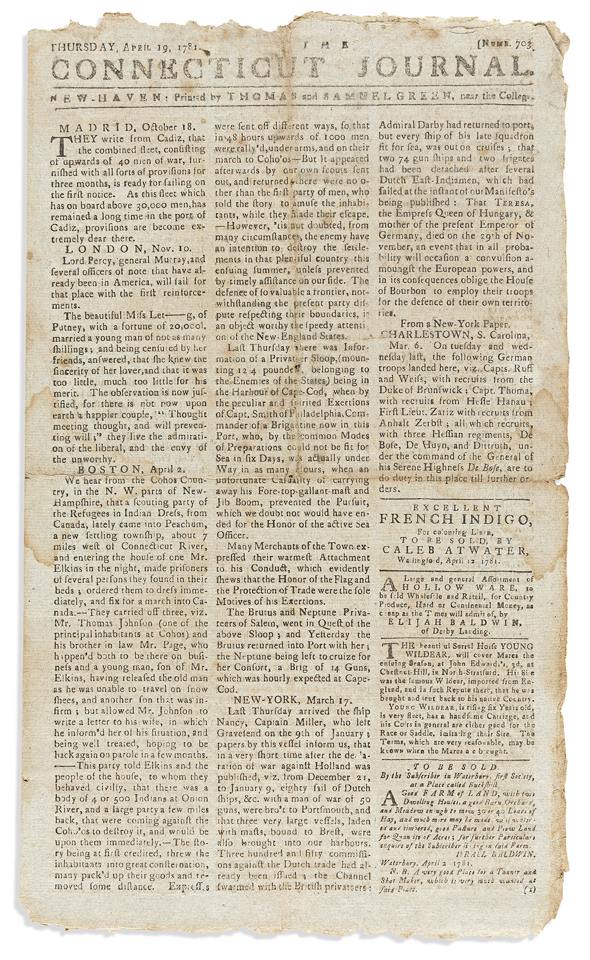 (AMERICAN REVOLUTION--1781.) Issue of the Connecticut Journal describing the Battle of Guilford Court House.